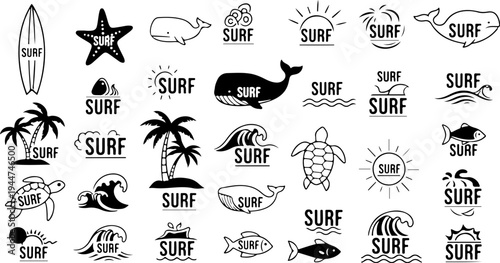 Collection of various surfing related icons and logos in black and white