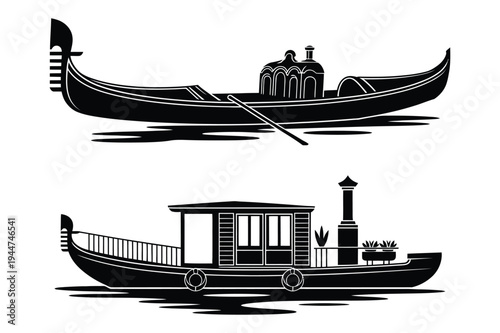 Gondola and steamboat silhouettes on water, vector