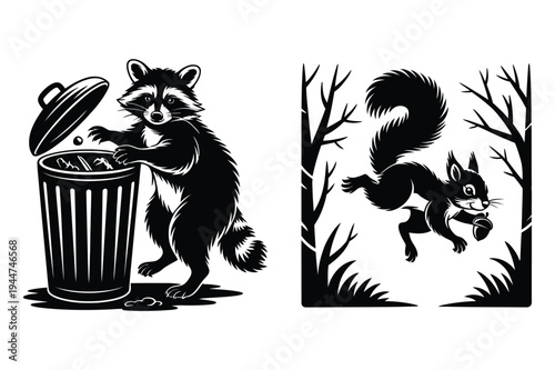 Raccoon looking in trash can and squirrel with acorn