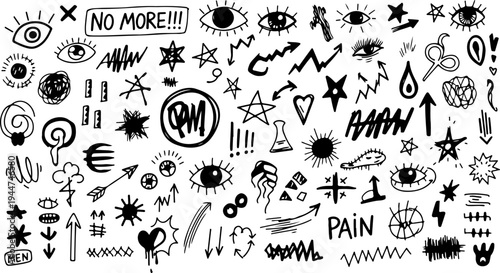 A collage of various symbols and words expressing pain and discomfort