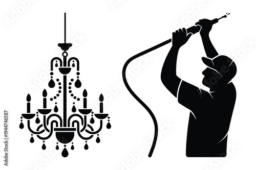 Chandelier and person cleaning with pressure washer with black and whi