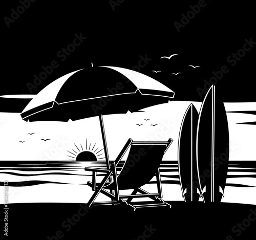 Coastal sunset view with deck chair and surfboard silhouettes near ocean waves under beach umbrella