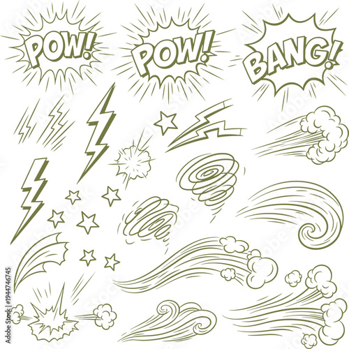 Comic book elements set with explosion clouds lightning bolts stars and motion lines for background