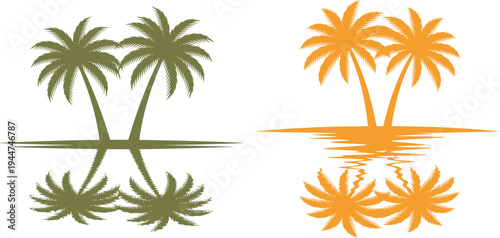 Exotic palm trees reflection on water surface flat vector illustration for summer resort branding