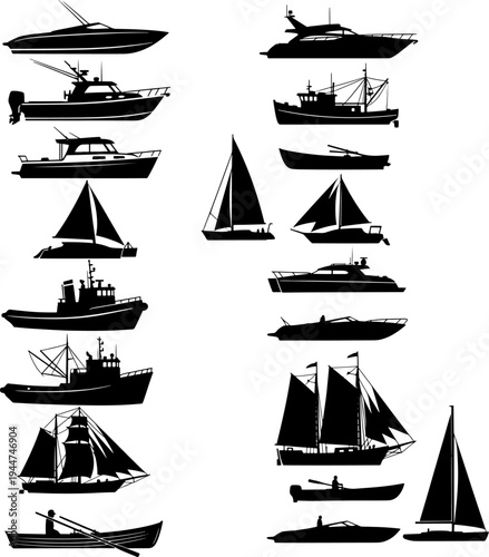 Set of marine vessel silhouettes including yachts fishing boats sailboats and speedboats on water