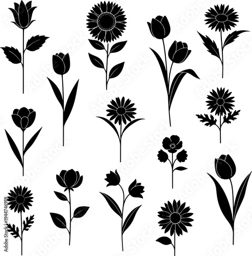 Set of minimalist black flower silhouettes with stems and leaves on transparent background for icons
