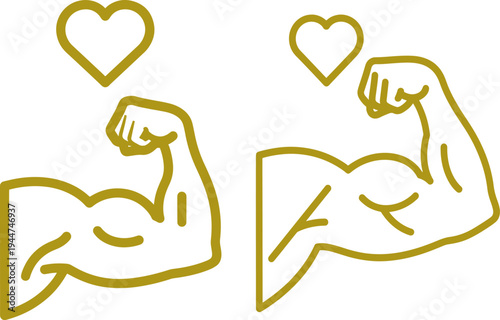 Strong bicep and tricep muscles flexing with heart symbols in yellow outline illustration