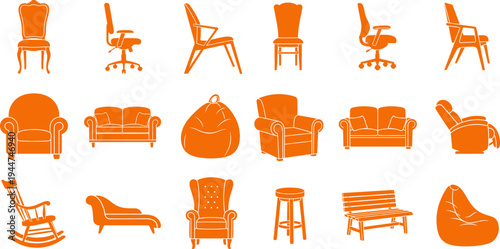 Silhouettes of different chairs, sofas, and other furniture items in orange color isolated
