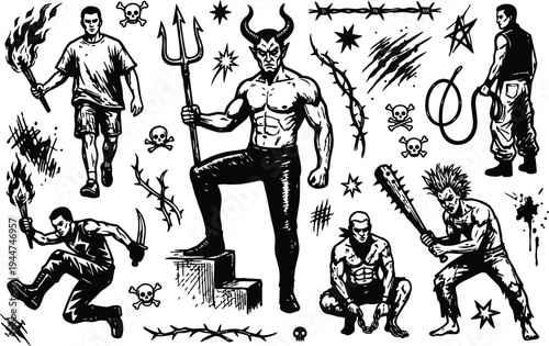 Tattoo flash vector sheet horned demon with trident and rioters with torches spiked bat low angle gritty lighting urban crowd