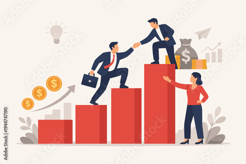Business growth concept with businessman climbing bar graph being helped by investor and mentor, financial success, teamwork, partnership, and investment strategy flat vector illustration.