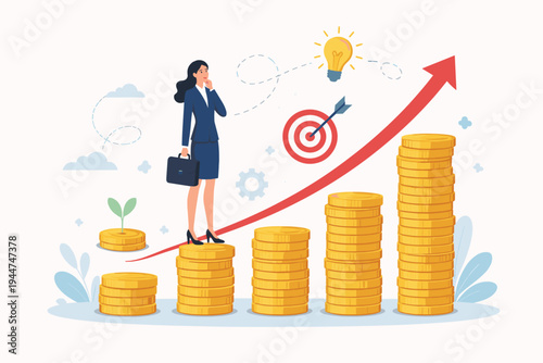 Businesswoman standing on rising stacks of gold coins planning financial growth and investment strategy. Vector illustration of career success, wealth accumulation, goal achievement, and new ideas.