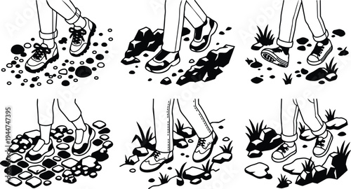 Line art close up of walking feet and sneakers stepping on rocks pebbles grass set black white variants