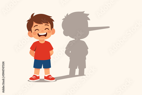 Happy smiling little boy standing with hands behind back while his shadow shows a long nose like Pinocchio, representing lying, dishonesty, fake behavior, and hidden truth in flat vector style.