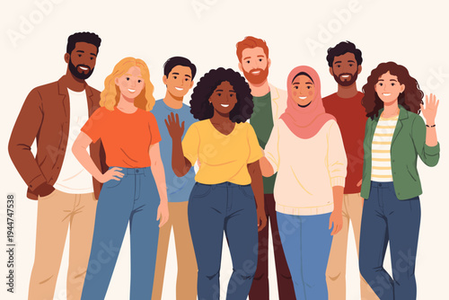 Multiethnic group of diverse people standing together. Simple flat vector illustration of smiling men and women from different cultures and backgrounds. Inclusive community and teamwork concept.