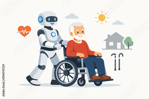 Future Healthcare Concept with Humanoid Robot Assisting Senior Man in Wheelchair, Flat Vector Illustration of AI Caregiver Providing Support and Mobility for Elderly Disabled Person