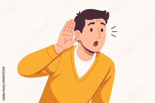 Vector Illustration of a Curious Man with Hand to Ear Gesture Listening Intently and Eavesdropping with a Surprised Expression, Concept of Gossiping, Overhearing Secrets, and Paying Attention.