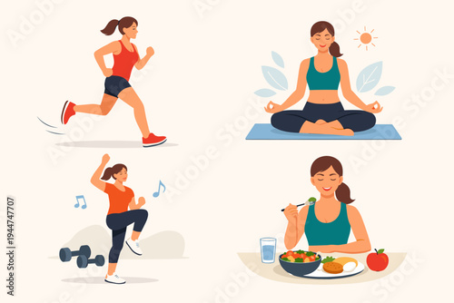Healthy lifestyle concept vector illustration featuring a woman running, practicing yoga meditation, doing aerobics workout, and eating a balanced nutritious meal for physical and mental wellness.