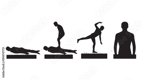 Vector Illustration Of Five Silhouette Yoga Poses On Platforms For Health And Wellness Concept