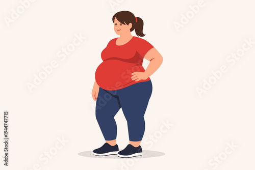 Flat Vector Illustration of an Overweight Woman with a Large Belly Wearing a Red T-Shirt and Blue Leggings, Representing Obesity, Weight Gain, Body Positivity, and Health Issues on a Plain Background
