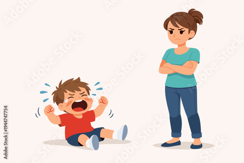 Vector illustration of a naughty little boy crying and having a temper tantrum on the floor while his disgruntled mother stands with arms crossed looking angry and frustrated at his behavior.