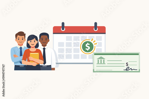 Flat vector illustration of diverse office employees standing next to a calendar highlighting payday and a bank check. Concept for payroll management, monthly salary, and employee compensation.