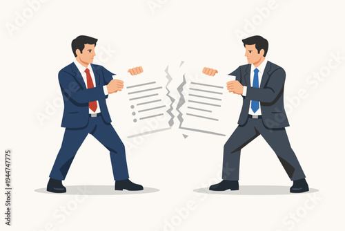 Two Professional Businessmen in Suits Tearing a Legal Contract or Agreement Document in Half Symbolizing a Business Dispute, Partnership Termination, Conflict, or Broken Deal Flat Vector Illustration