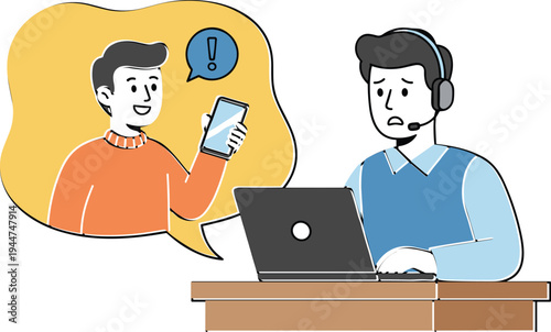 Customer support operator with headset working on laptop and talking with client via mobile phone for technical assistance service concept,