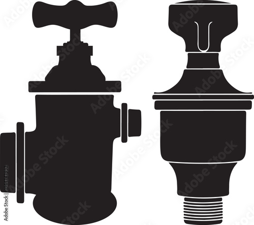 Clean vector silhouettes depicting essential plumbing components, showcasing industrial control valves and pipe fittings for various technical graphic designs