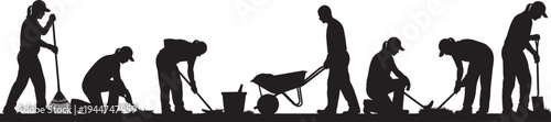 Black silhouette collection of people gardening and landscaping with tools like rakes shovels and wheelbarrows isolated on white background for outdoor spring maintenance work
