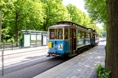 Photography Djurgårdslinie, historische Strassenbahn, mit Briefkasten, Stockholm, Schweden