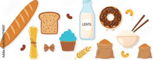 Collection of carbohydrate food sources including bread pasta rice donut cupcake and cereal grains for healthy balanced diet and nutrition concept flat vector