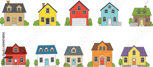 Collection of diverse residential suburban houses and colorful cottage buildings with garden and fence for real estate architecture concept flat vector,