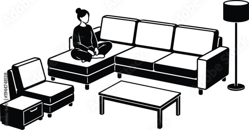 Line art minimalist living room scene with woman sitting cross legged on sectional sofa beside coffee table and floor lamp
