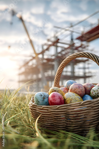 Easter basket with colorful eggs on spring grass at a bridge construction site, scaffolding behind, warm morning sunlight, bright seasonal industrial scene.