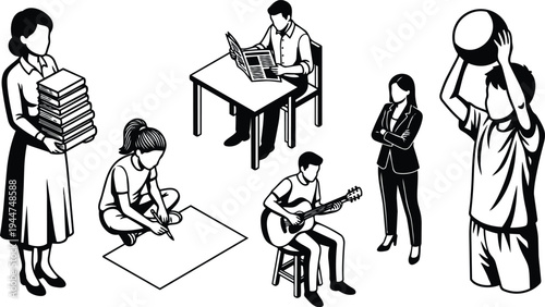 Line art set showing woman holding books girl drawing man reading at table guitarist business woman and boy throwing ball