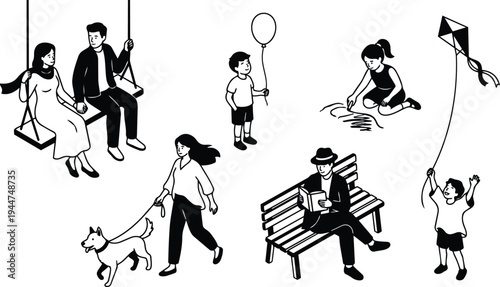 Minimalist line art park scene close up couple on swing woman walking dog man reading on bench children flying kite