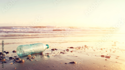 Plastic bottle lying on a sandy beach with small stones, ocean waves in background during a warm sunset