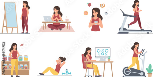 Flat vector illustration set of a young woman exercising including running on a treadmill using an elliptical trainer doing crunches and working at a desk isolated on white background.