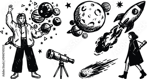 Ink sketch line art astronaut themed collage woman with planets telescope rocket comet walking profile dynamic composition vector black white