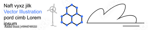Green energy, technology, abstract design, futuristic , minimalism, renewable solutions. Wind turbine, molecular hexagon abstract line art composition. Green energy and technology