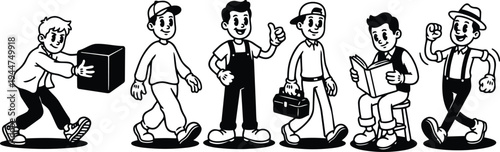 Vintage cartoon vector lineup of six male characters walking reading and carrying box in monochrome retro rubber hose style illustration
