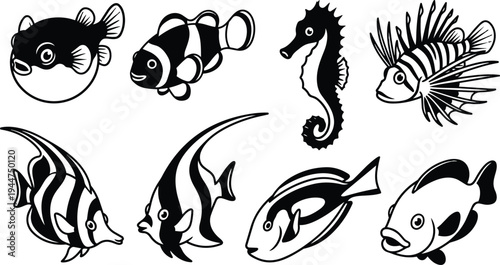 Black and white vector sea life set with clownfish puffer seahorse lionfish angelfish and reef fish silhouettes detailed line art