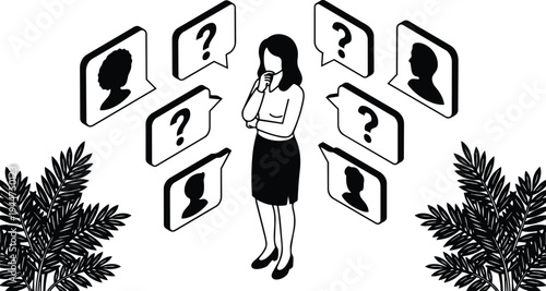 Flat design isometric vector woman contemplating surrounded by question mark chat bubbles silhouettes office desk plants soft backlit thoughtful mood
