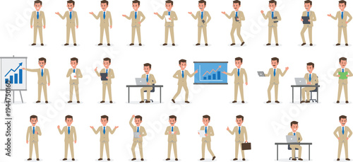 Flat vector illustration set of businessman character in various professional poses including presenting at a whiteboard working on a laptop and celebrating success isolated on white background.