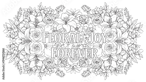 Black and white illustration of flowers with the phrase 'Floral Joy Forever', ideal for coloring books and relaxation