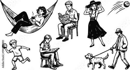 Line art sketch leisure scenes six characters relaxing reading drawing walking dog throwing ball hammock sipping coffee wearing hat camera