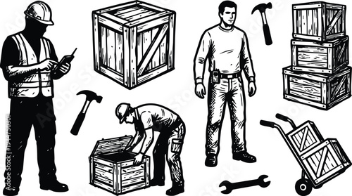 Woodcut style vector close up warehouse workers handling wooden crates with hand truck and tools in high contrast wearing helmet
