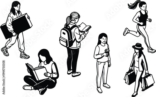 Line art vector isometric campus women carrying sketchbook reading books holding coffee running and shopping in casual outfits flat illustration