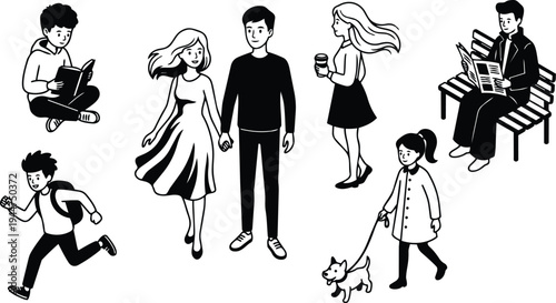 Line art black and white vector of couple holding hands walking in park woman drinking coffee man reading newspaper