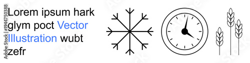 Graphic design, seasonal symbols, agriculture, farming, time management, weather patterns. Snowflake, clock and wheat icons showcased in line style. Time management and seasonal symbols concept